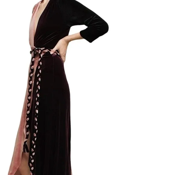 MISA Los Angeles Dress Paloma Burgundy Blush Velvet Wrap Dress Braided Event NWT - Picture 7 of 11